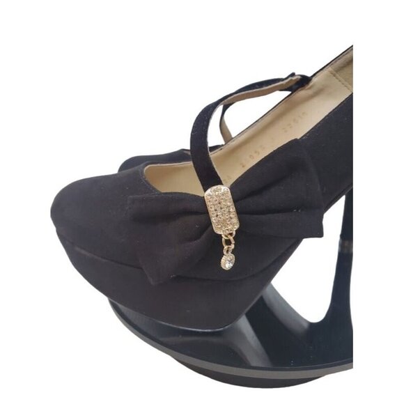 Vittorio D' Firenze Black Suede Bow with Rhinestone Charm Stilettos Platform - Picture 2 of 9